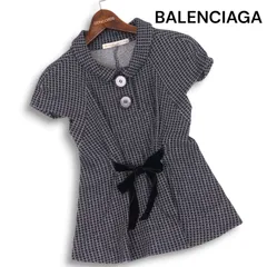 フランス製★ BALENCIAGA バレンシアガ 通年 リボン♪ 格子柄 半袖 ジャージー ブラウス トップス Sz.36　レディースのサムネイル