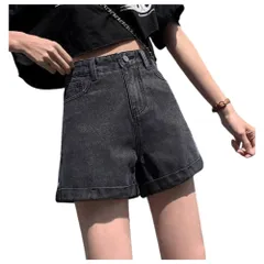 [AQUA Marine] ハイウエストデニムショートパンツ ブラック ショーパン 美脚 脚見せ カジュアル 黒デニム ハイウエスト 韓国ファッション ボトムス ストリート系 着回し (JP, アルファベット, S, デニムブラック [デニムブラック] [S]