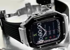 ブラックシルバー☆アップルウォッチ ラバーベルト ステンレス カバー　ケース 44mm 45mm 4 5 6 7 8 9 se メンズ レディース スポーツ Apple Watch バンド