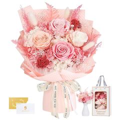 プリザーブドフラワー ピンク色 花束 4本薔薇 香りあり 花瓶付き 枯れない花 入学式 卒業式 母の日 女性 人気 ブーケ 誕生日 プレゼント