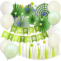 誕生日 飾り付け バースデー バルーン パーティー 風船 お祝い 記念日 壁飾り happy birthday 子ども ペーパーファン タッセル ガーランド 室内装飾 party decorations デコレーション セット (グリーン)