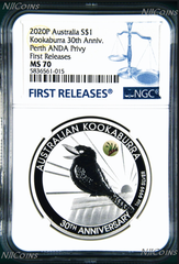 2020 30th Ann. Kookaburra 1oz Silver Coin Kangaroo Paw Privy NGC MS70 ANDA BL FR