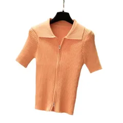 橙色_Free Size [アスミナリ] AS80 襟付きカットソー ニット ダブルジップ 半袖 襟 ジップアップ ジャンパー カーディガン ショート丈 婦人 フジン レディース レディー 女 女性 女子 女の子 ガールズ ガール シーズン オール サマー ウ
