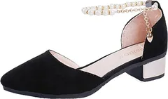 babester ベイブスター パンプス 3cm チャンキーヒール ベロア調 ローヒール アンクル ストラップ ミュール チャーム 24.0( パールチェーン,  24.0 cm 2E)