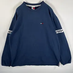 古着 トミージーンズ TOMMY JEANS USA製 スウェット ワンポイント刺繍ロゴ 袖ロゴデザイン 大きいサイズ トレーナー XL  ネイビー メンズ