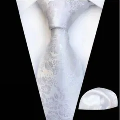 【2点】結婚式　ネクタイ　シルバー　白　ポケットチーフ　フォーマル　七五三　礼服