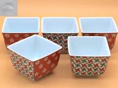 未使用美品！有田焼　柳山 作　角小鉢　五客揃　地紋色絵　陶器　幅約8cm / 食器　陶磁器　焼物【F954S18】