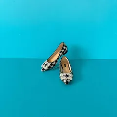 OHGA  22.5 ツイードビジューパンプス　ブラック・ホワイト　モノトーン　フラットシューズ　ツイード