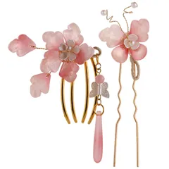 『大人気』 2点セット 髪飾り 花 胡蝶 袴 髪飾り Uピン おしゃれ 和装 着物 浴衣 髪かざり かわいい 袴 かんざし コーム 卒業式 入学式 卒園式 結婚式 成人式 漢服 造花 ヘアアクセサリー (【2点セット】ピンク系)