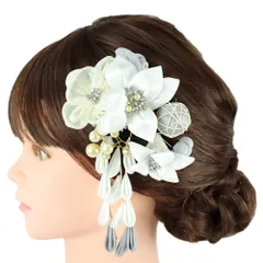 髪飾り 成人式 つまみ細工 振袖 前撮り 袴 2点セット 花 黒 白 灰色 グレー ゴールド 玉飾り 下がり 造花 レース パール ビー No.12-0705