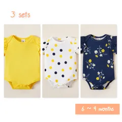 ベビー♥半袖ロンパース3点セット　フローラル・ソリッド・ドット6-9months