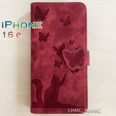iPhone 16e ケース スマホ 手帳型 カードケース ワインレッド 赤 赤色 猫 CAT ねこ 蝶 エンボス加工 アイフォン