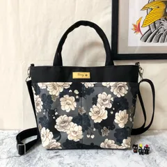 ★セール品(現品限り) 2WAY猫柄ミニトートバッグ 黒猫と牡丹 ブラック 内ポケット付き ハンドメイド メンズ レディース ハンドバッグ