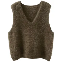 ☆ ダークブラウン ☆ シャギーベスト Vネック ノースリーブ ニット ベスト Vネック レディース ニットベスト シャギーニット Vネックニット チョッキ ジレ ウェストコート ノースリーブ 重ね着 レイヤード 秋 冬 秋冬 春 春秋 かわいい おしゃれ