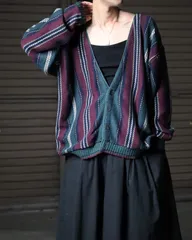 USA made multi stripe oversized cotton knit cardigan 90s vintage USA製 マルチ ストライプ柄 ジャガード ざっくり Vネック オーバーサイズ コットン ニット カーディガン ボタンフロント