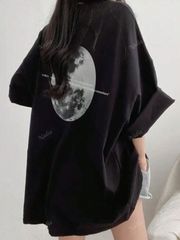 ルーズフィットカジュアル多機能プリントショートスリーブTシャツ、和風デザイン