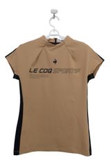 【美品】le coq sportif(ルコックスポルティフ) 半袖モックネックシャツ ベージュ黒 レディース M ゴルフウェア 2507-0126 中古