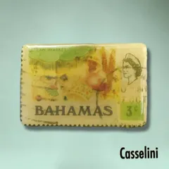 【新品★現品限り】キャセリーニ ★レトロ★古切手プリント.ピンブローチ ★ バハマ ★ 個性的 キレイめ カジュアル