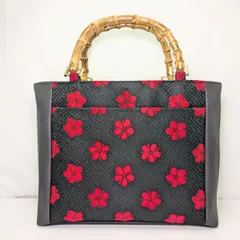 T0032 刺繍名古屋帯バンブートートバッグ　着物リメイクバッグ　名古屋帯　お稽古バッグ　普段使いバッグ