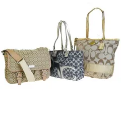 【中古】 3点セット コーチ COACH シグネチャー ショルダーバッグ トート ブラウン ブルー ゴールド キャンバス レザー 06HE184