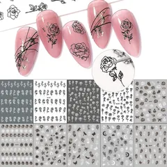 【在庫処分】ネイルシールセット DIY 複数のスタイル バラ 白黒 花 3D ネイルシール 10枚 LANODO