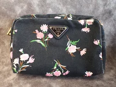 プラダ 花柄 化粧ポーチ 黒 コットンキャンバス 三角プレート PRADA - 美品 PRADA プラダ 三角ロゴ プレート キャンバス 花柄