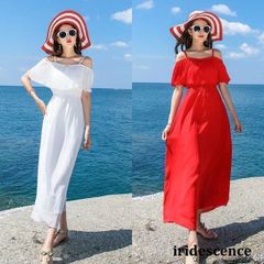 夏 海 旅行 リゾートワンピース 白 ホワイト レッド 赤 ロングワンピース キャミワンピース オフショルダー マキシ丈ワンピース 夏ワンピーLFY10本日限定