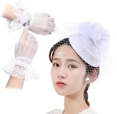 LUXIA FILL ルクシア フィル カクテル ハット 帽子 トーク帽 ブライダル ウェディング レディース ヘッドドレス ヘアアクセサリー 髪飾り レース手袋 セット Bタイプ(ホワイト 手袋タイプB,  Free Size)