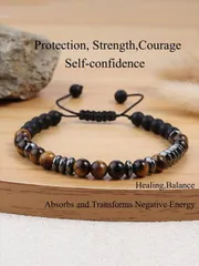 ジュエリー メンズ ブレスレット 6mm タイガーアイ & マットブラックオニキスブレスレット、保護、自信、モチベーション、フォーカスゴール、調整可能な ノット結び ブレスレット、女性/男性瞑想ジュエリー