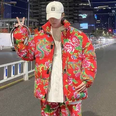 種類52：L/A：スタンドカラーレッドトップス 秋冬 コーデ メンズ  服 シンプル ファッション オシャレ 大人 かっこいい 大きいサイズ ストリート 紳士服  花 プリント 綿 コート 赤 ユニセックス 男女共 