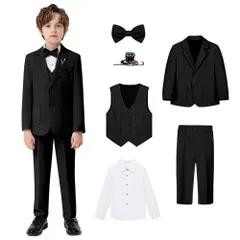 100_ブラック（6点セット） [YAYOKYA] 男の子 スーツ キッズ フォーマルスーツ 子供 ボーイズ 長袖 無地 卒業式 入学式 七五三 結婚式 発表会 6点セット ワインシャツ 蝶ネクタイ ボーイズフォーマル