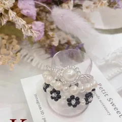 冬につけたいビーズリング3点セット（ブラック、シルバー、パールビーズ）