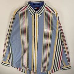 古着 トミーヒルフィガー TOMMY HILFIGER 長袖シャツ ストライプ ボタンダウンシャツ ワンポイント 刺繍 ロゴ L  水色系 マルチカラー メンズ