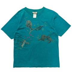 90s USA古着 ヴィンテージ Tシャツ アニマル ウサギ アライグマ ハリネズミ ビーバー シングルステッチ 青緑 グリーン Lサイズ
