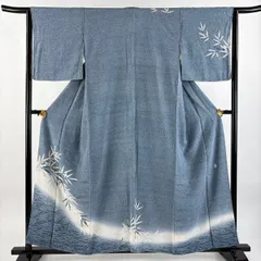 付下げ 身丈157cm 裄丈64cm M 袷 落款 笹 幾何学模様 ぼかし 青灰色 正絹 秀品 【中古】