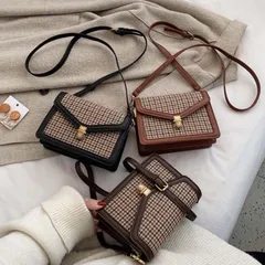 【新品】レトロガーリー♡ヴィンテージショルダーバッグ レディース バッグ　ショルダーバッグ 韓国 韓国ファッション チェック柄 ハウンドトゥース 千鳥柄 ガーリー レトロ スクエア お洒落 春夏 秋冬 　C0084