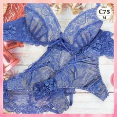 ★C75/M☆美胸ブラ＆ショーツ&Tバックショーツセット ダブルパッド 盛胸 谷間メイク 3点セットヌーディーレース 青系