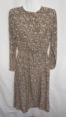 ◇ ⊂ NATURAL BEAUTY BASIC 総柄 長袖 膝下丈 ワンピース サイズM ブラウン系 レディース E  【1410100009077】