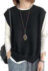 NEKORA ニットベスト レディース おしゃれ チョッキ トップス ゆったり( ブラック,  M)