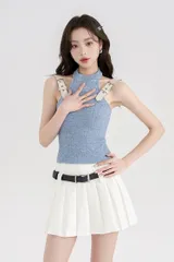 ホルターネック ベルト トップス ブルー 韓国ファッション