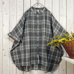 新品 ワイドブラウス ビッグシルエット コットンリネン グレー チェック フリー