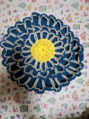 手編み　ハンドメイド　座布団　毛糸　ブルー