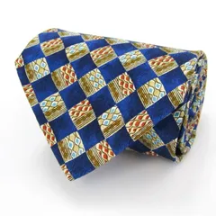 レノマ ブランド ネクタイ チェック柄 格子柄 幾何学模様 シルク イタリア製 PO メンズ ブルー renoma 【中古】