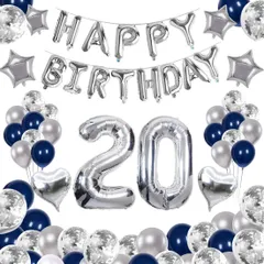 【迅速発送】64枚 20歳 誕生日 飾り付け 風船セット 数字バルーン 組み合わせ 「HAPPY BIRTHDAY」ランド ハート風船 紙吹雪風船 ドットシール 装飾 パーティー お祝い サプライズ シルバー＆ブラック 男の子 女の子