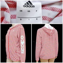 ME1-669☆新品同様 adidas/アディダス 赤白ボーダー柄 スポーティー Lサイズ ポケットあり 大きいロゴプリント パーカー◎