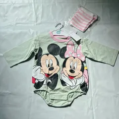 新品未使用 80㎝ ロンパース 女の子 男の子 Disney baby ディズニーベビー　ミッキー　ミニー　グリーン　出産祝い　春　秋　コットン　綿