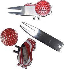 GRJ (Green Repair Practice Association) Golf Ball Marker and Green Fork Set with Clip, Divot Tool, Golf Fork, and Ball Line Marker (Red)