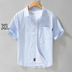 [XL]メンズ ファッション 服 男性用 オシャレ シンプル 大人 かっこいい 大きいサイズ ストリート 紳士服 薄手 和風 快 縦 ストライプ 半袖 シャツ シンプル ポケット シャツ カジュアル コットンシャツ