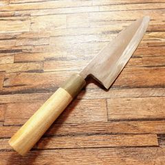 石月 出刃包丁 研ぎ済 東京石月作 水牛柄 6寸出刃 ハガネ 峰に傷あり