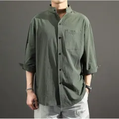 ☆ カーキ ☆ 2XL ☆ シャツ メンズ シャツ  メンズシャツ カジュアルシャツ  シャツ シンプル バンドカラー 薄手 無地 おしゃれ カジュアル 春 夏 秋 トップス オシャレ コットンリネン シャツジャケット 羽織り 涼しい